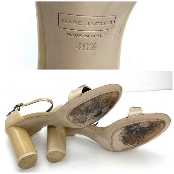 MARC Jacobs Studded Patent Leather Nude Ankle Straps Chunky Heel Sandal Sz 10.5 - Picture 8 of 8